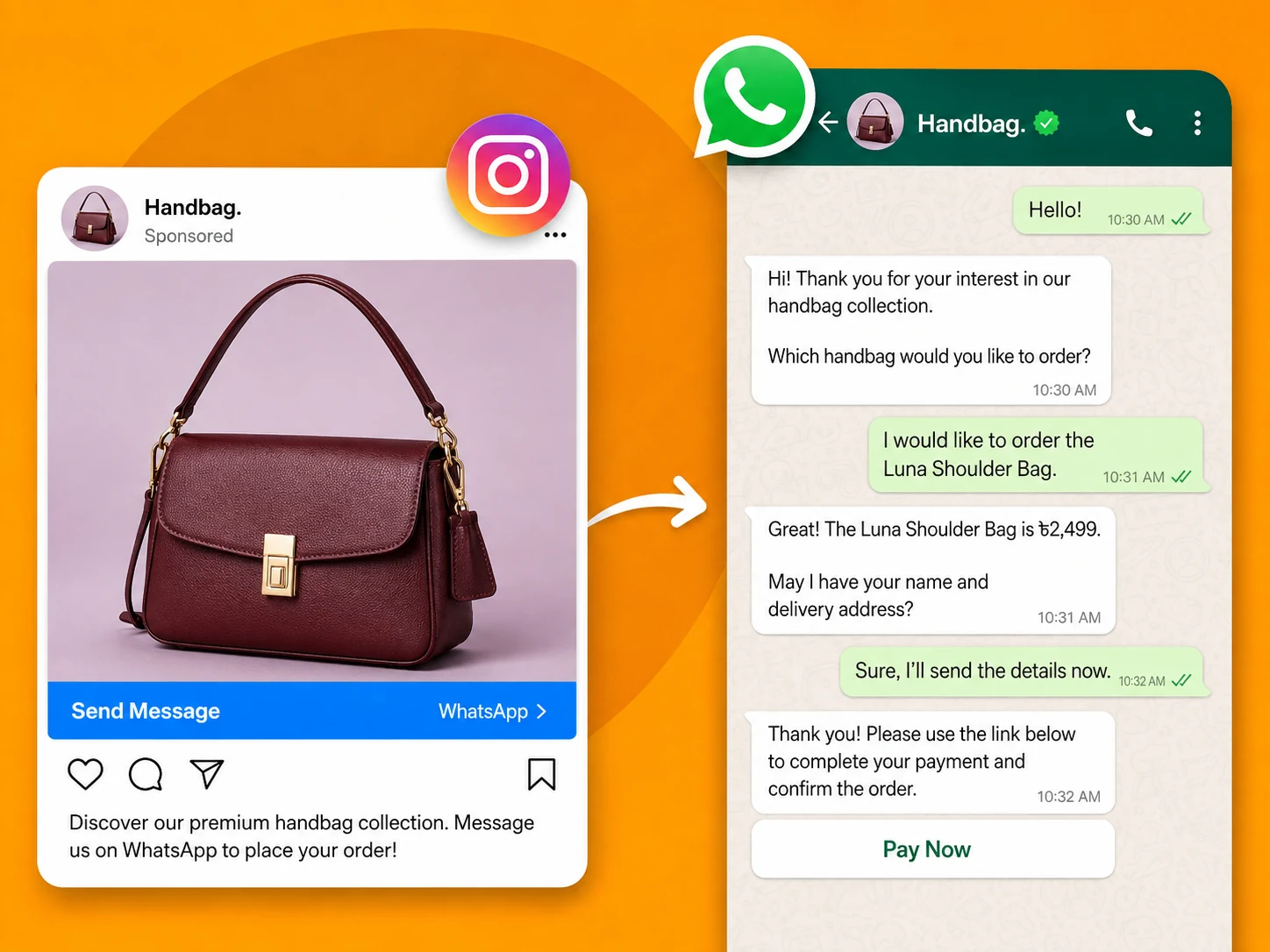 Customer ordering a handbag through Instagram and WhatsApp